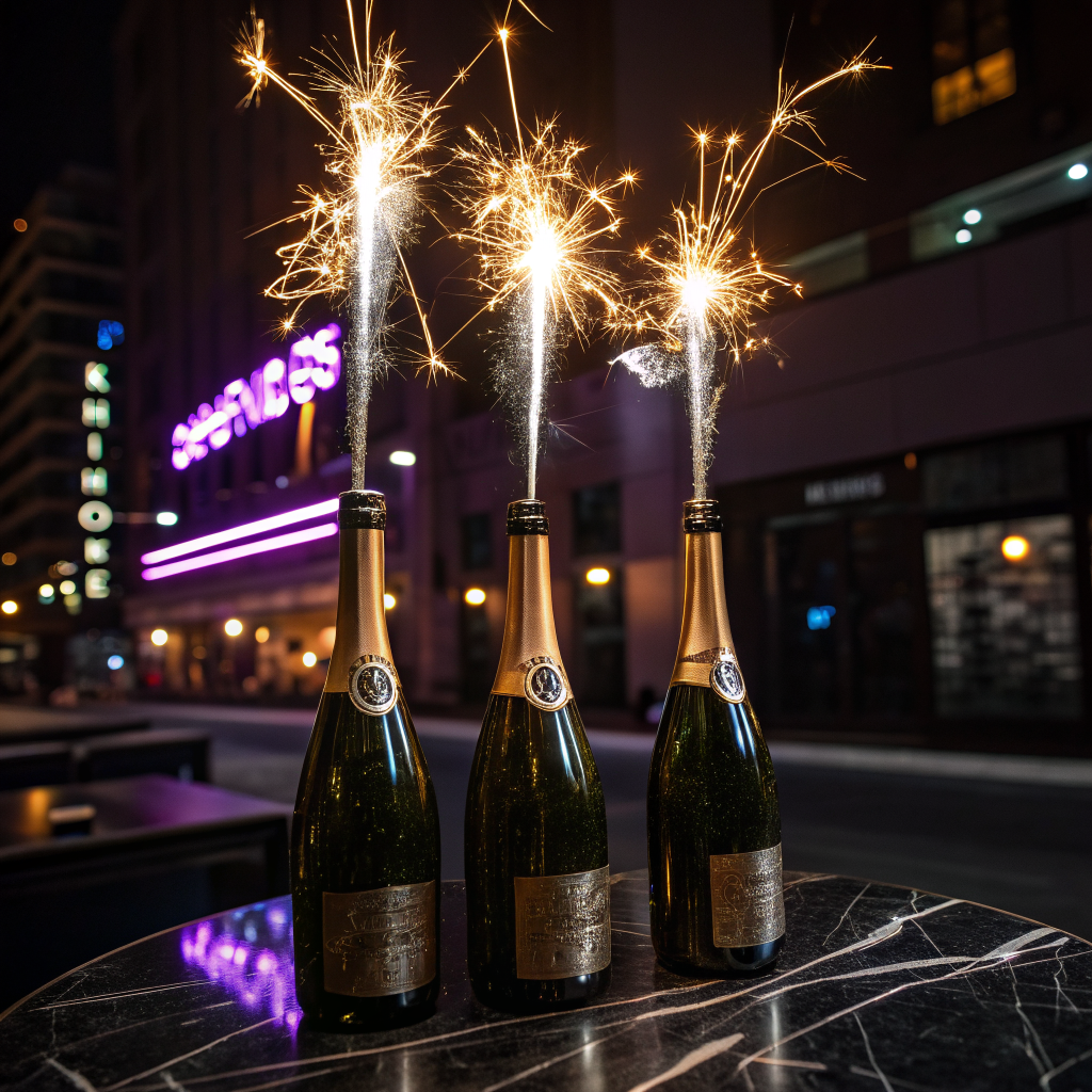 Champagne bottles with sparklers lighting up the night