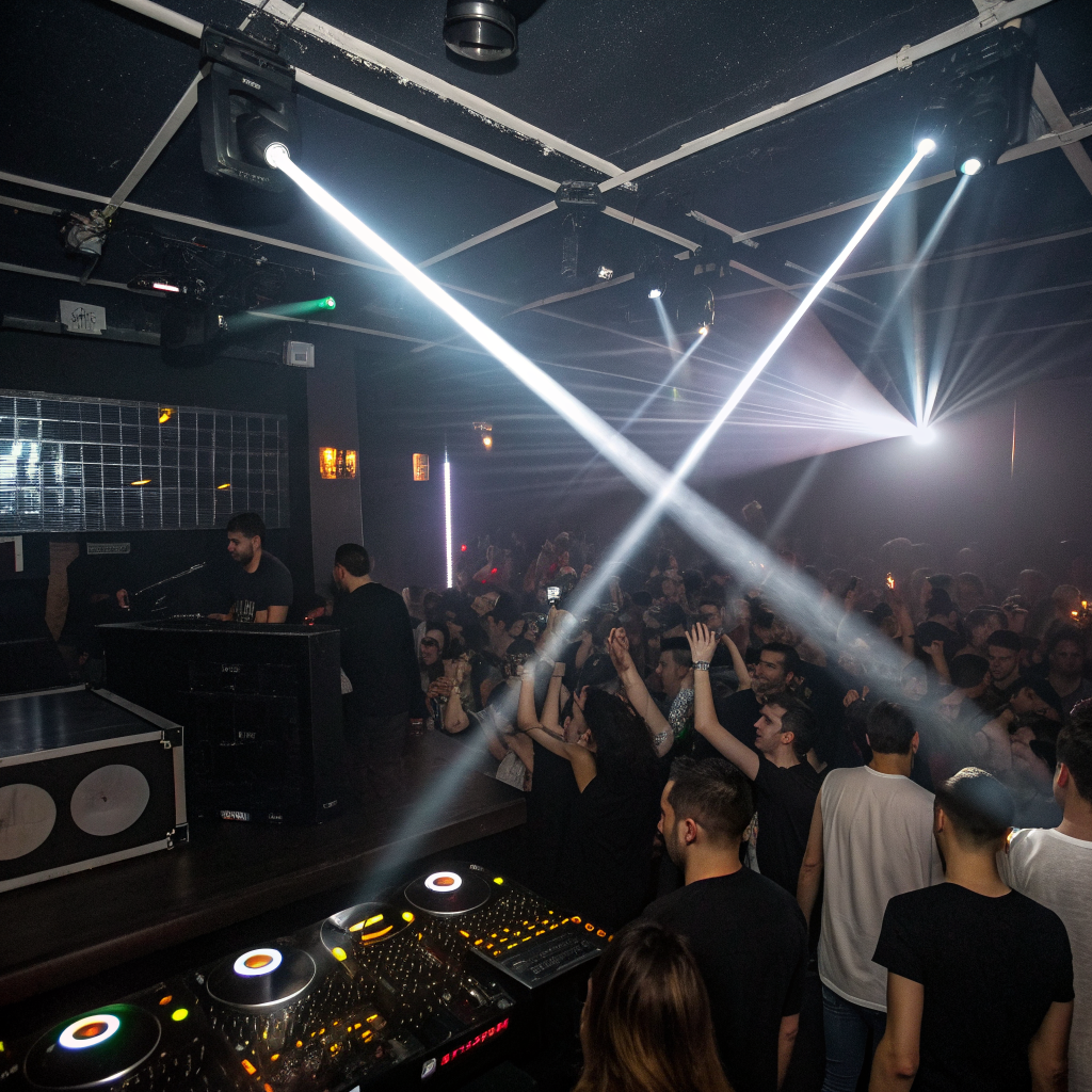 Intense strobe lights and club atmosphere